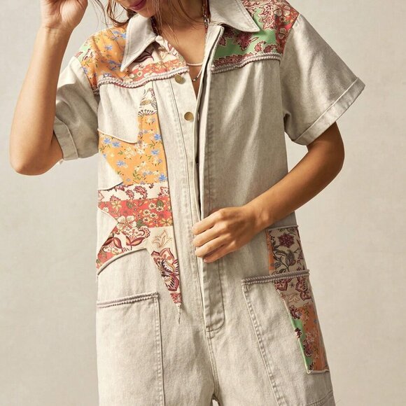 Khaki Casual Women's Boho Western Cowgirl Style Floral Patchwork Jumpsuit - Picture 2 of 7